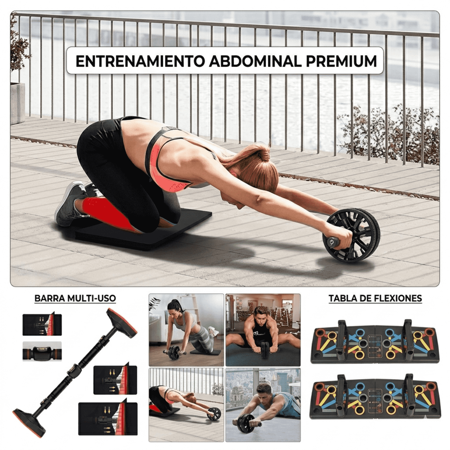 Kit Entrenamiento en Casa 3 en 1: Barra de Dominadas PRO + Push Up Board + Rueda Abdominal PRO - Imagen 4
