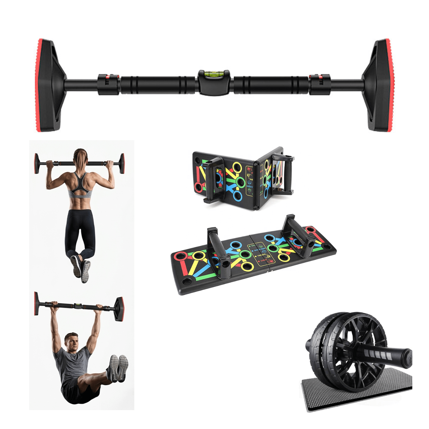 Kit Entrenamiento en Casa 3 en 1: Barra de Dominadas PRO + Push Up Board + Rueda Abdominal PRO