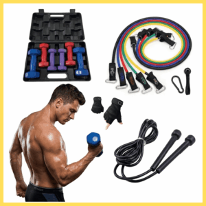Kit Completo Gym en Casa 4 en 1: Mancuernas Vinil 10 Kg + Ligas PRO + Guantes + Saltasoga