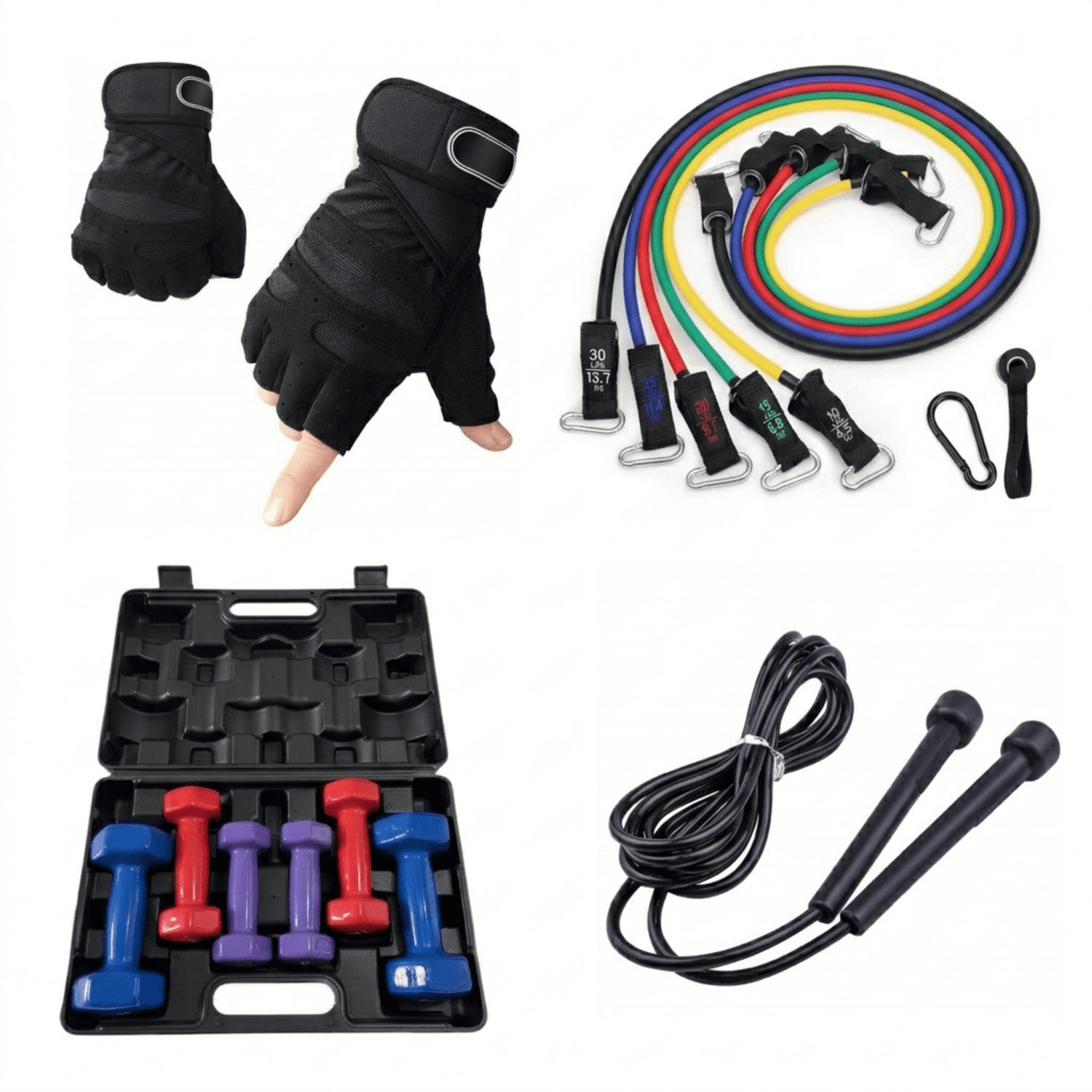 Kit Completo Gym en Casa 4 en 1: Mancuernas Vinil 10 Kg + Ligas PRO + Guantes + Saltasoga - Imagen 3