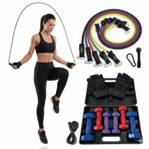 Kit Completo Gym en Casa 4 en 1: Mancuernas Vinil 10 Kg + Ligas PRO + Guantes + Saltasoga