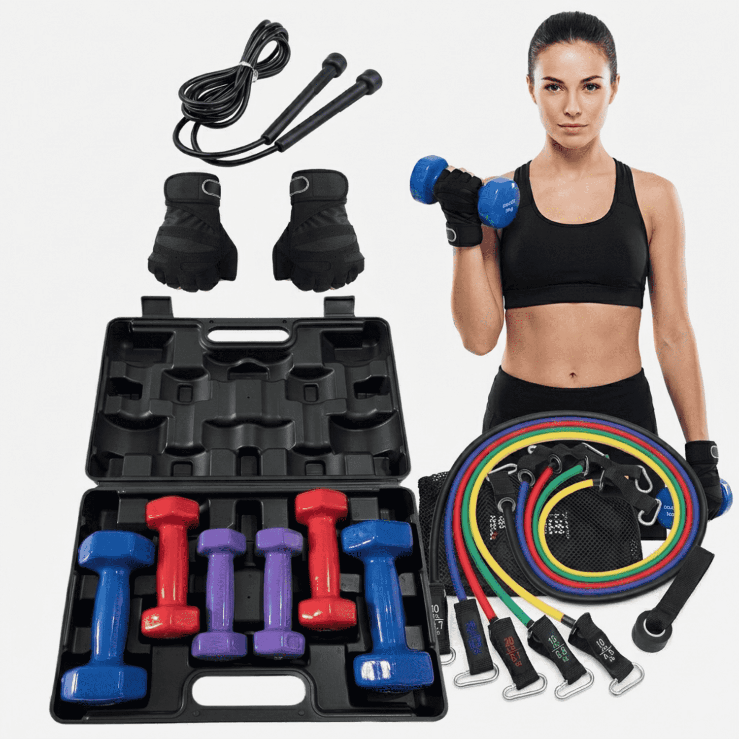 Kit Completo Gym en Casa 4 en 1: Mancuernas Vinil 10 Kg + Ligas PRO + Guantes + Saltasoga - Imagen 4