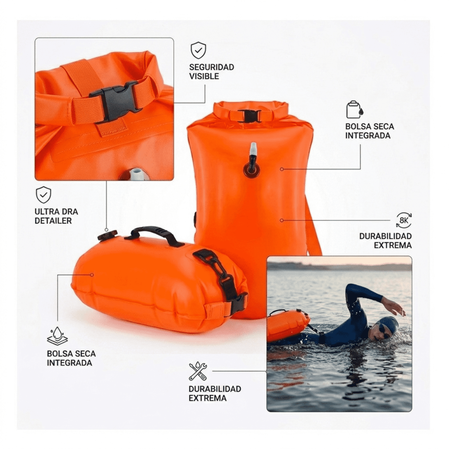 BOYA DE NATACIÓN IMPERMEABLE DE ALTA VISIBILIDAD SALVAVIDAS PORTA ACCESORIOS PARA AGUAS ABIERTAS Y TRIATLÓN