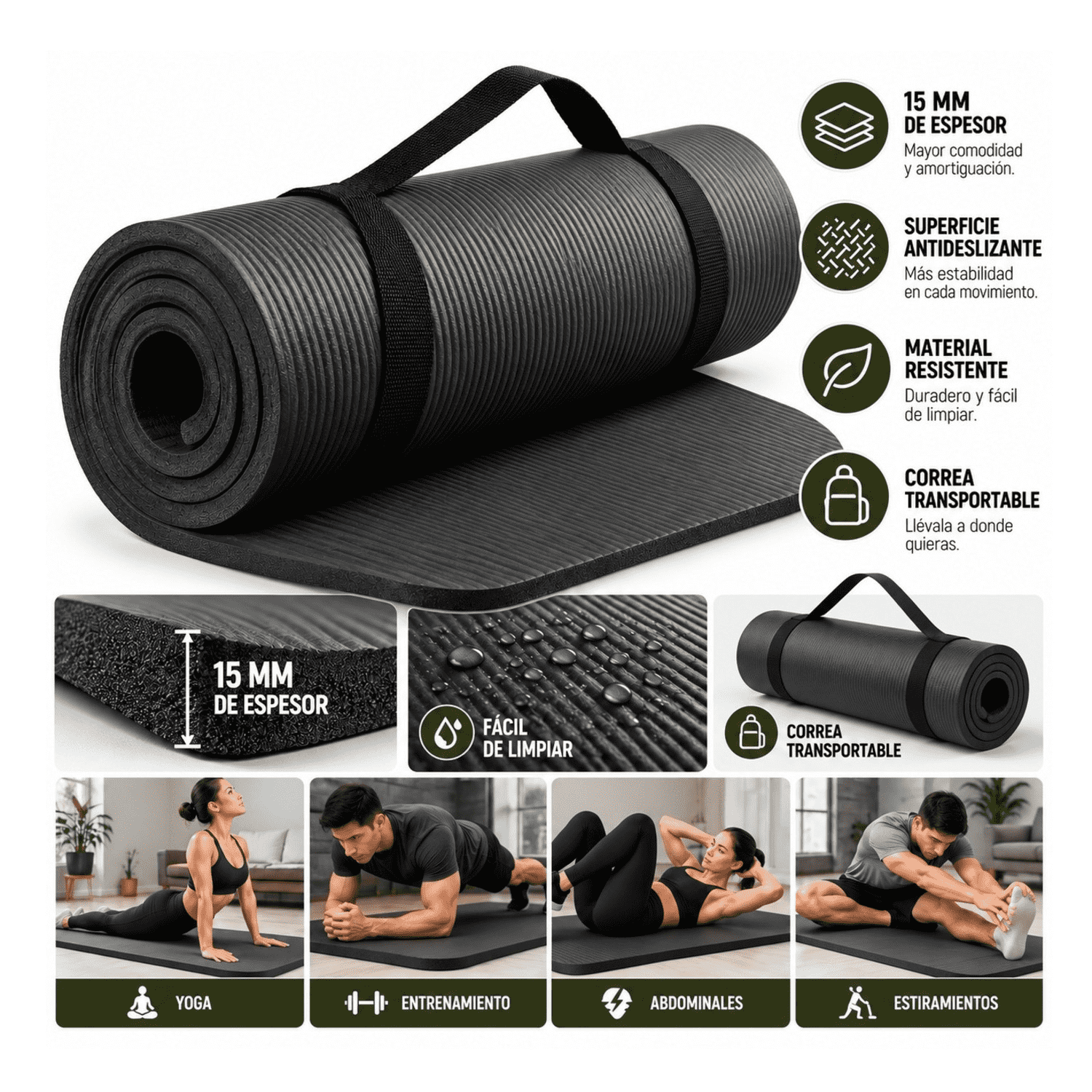 COLCHONETA MAT DE YOGA 15 MM EXTRA GRUESA CON CORREA DE TRANSPORTE EVA DE ALTA DENSIDAD - Imagen 4