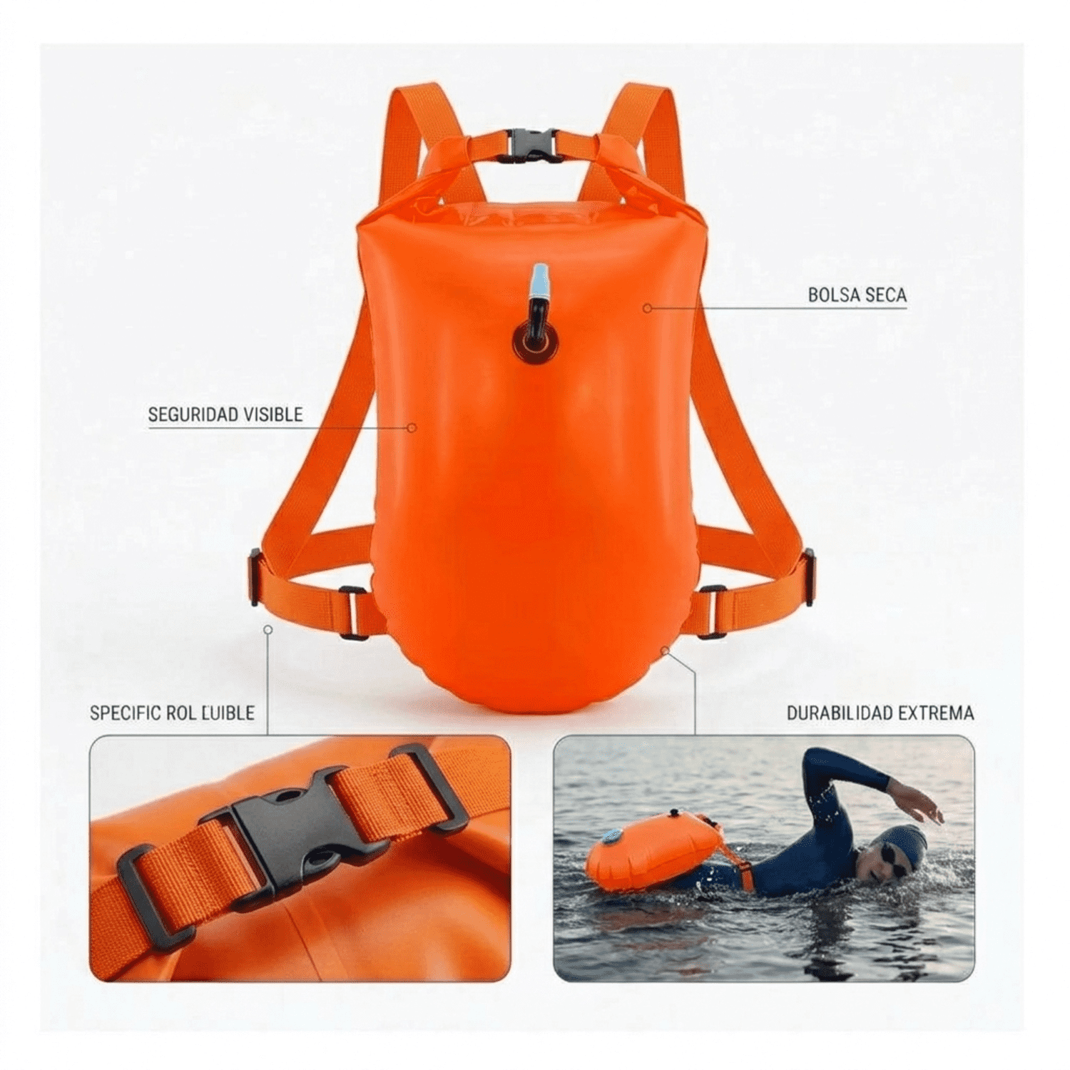 MOCHILA BOYA IMPERMEABLE BOLSA SECA SALVAVIDAS CON CORREAS PARA NATACIÓN DE AVENTURA Y KAYAK - Imagen 4